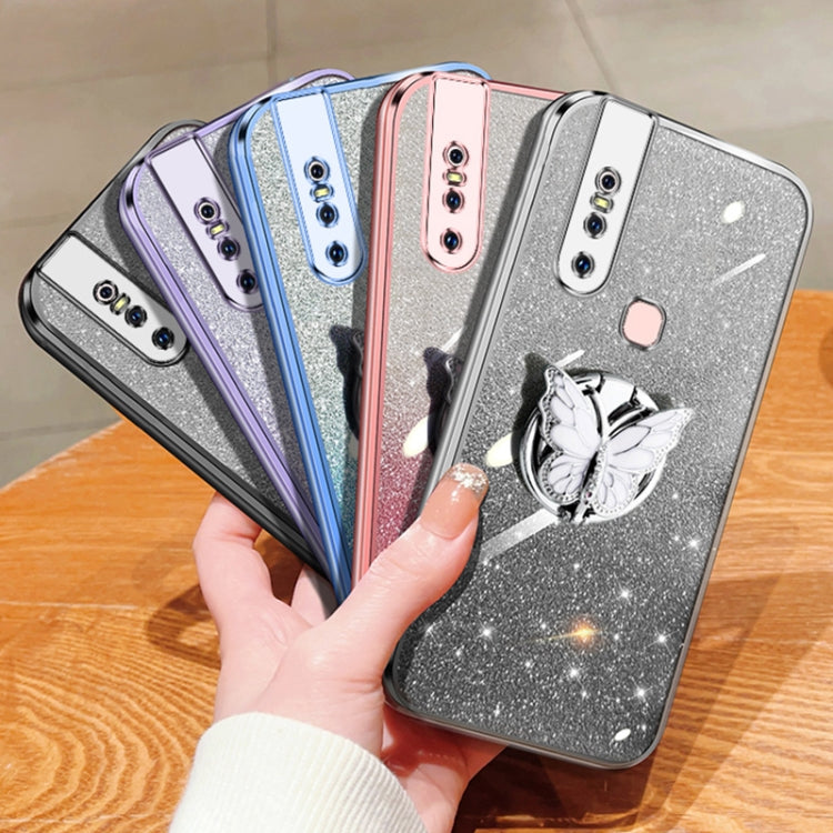 For vivo S1 Plated Gradient Glitter Butterfly Holder TPU Phone Case