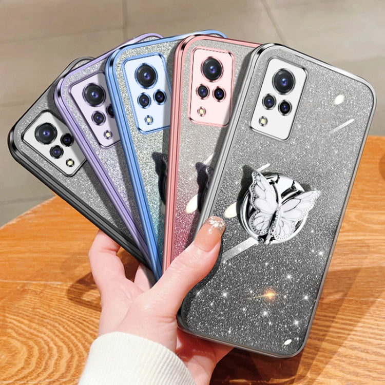 For vivo S9 Plated Gradient Glitter Butterfly Holder TPU Phone Case