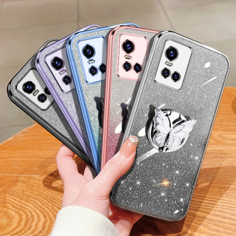For vivo S10 Plated Gradient Glitter Butterfly Holder TPU Phone Case