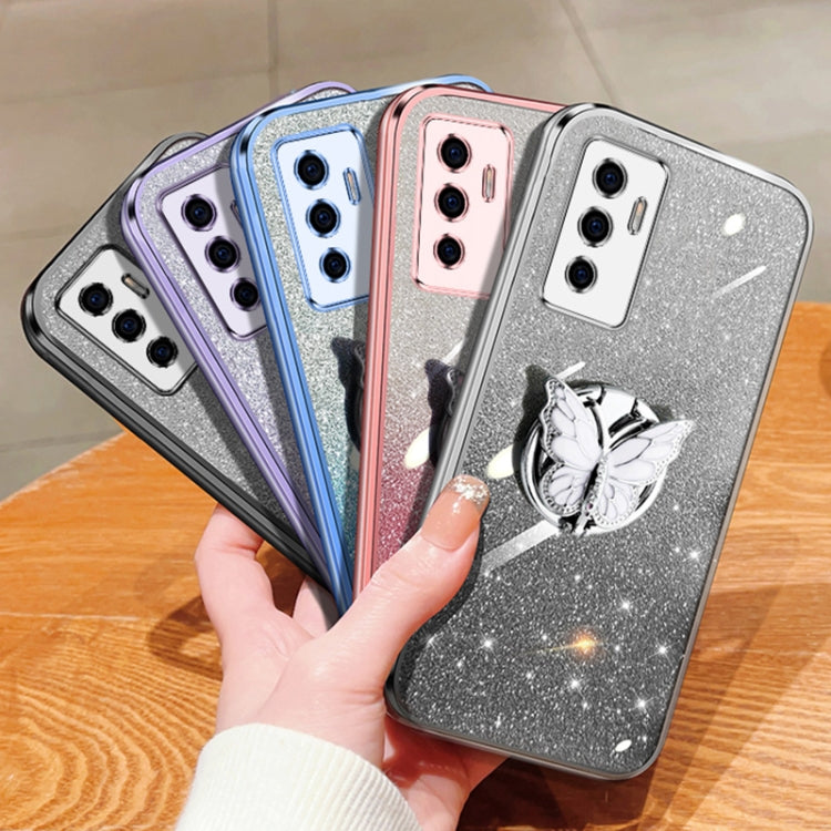 For vivo S10e Plated Gradient Glitter Butterfly Holder TPU Phone Case