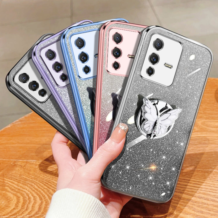 For vivo S12 Plated Gradient Glitter Butterfly Holder TPU Phone Case