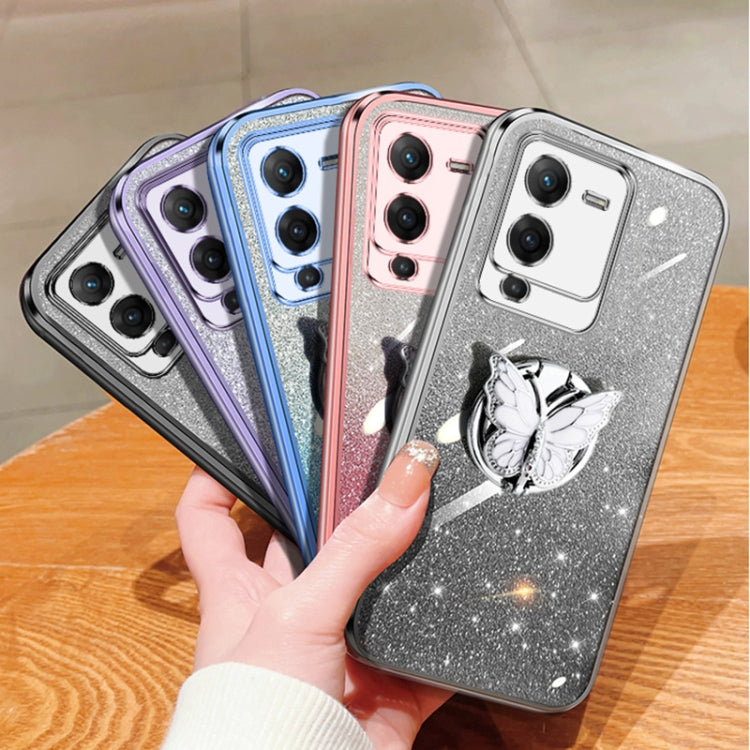 For vivo S15 Plated Gradient Glitter Butterfly Holder TPU Phone Case