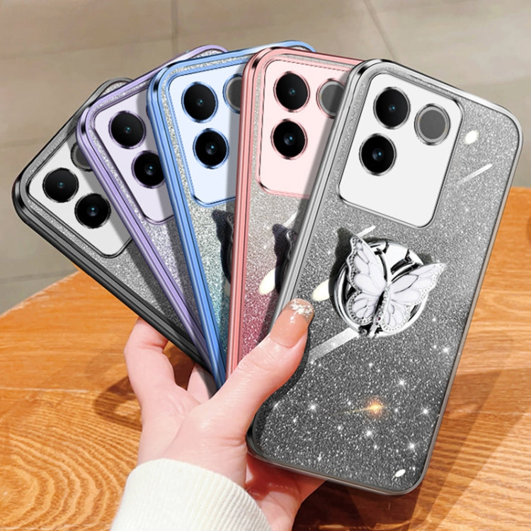 For vivo S17e Plated Gradient Glitter Butterfly Holder TPU Phone Case