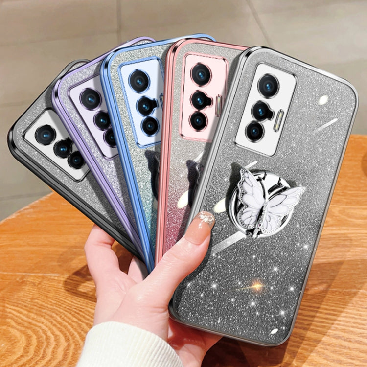 For vivo X70 Plated Gradient Glitter Butterfly Holder TPU Phone Case