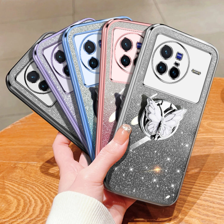 For vivo X80 Plated Gradient Glitter Butterfly Holder TPU Phone Case