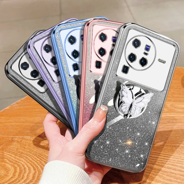 For vivo X80 Pro Plated Gradient Glitter Butterfly Holder TPU Phone Case