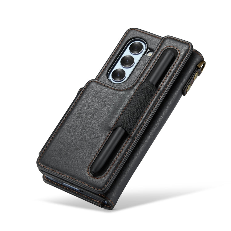 For Samsung Galaxy Z Fold6 5G CaseMe C22 PC+TPU Business Style RFID Anti-theft Lanyard Leather Phone Case with Pen Slot