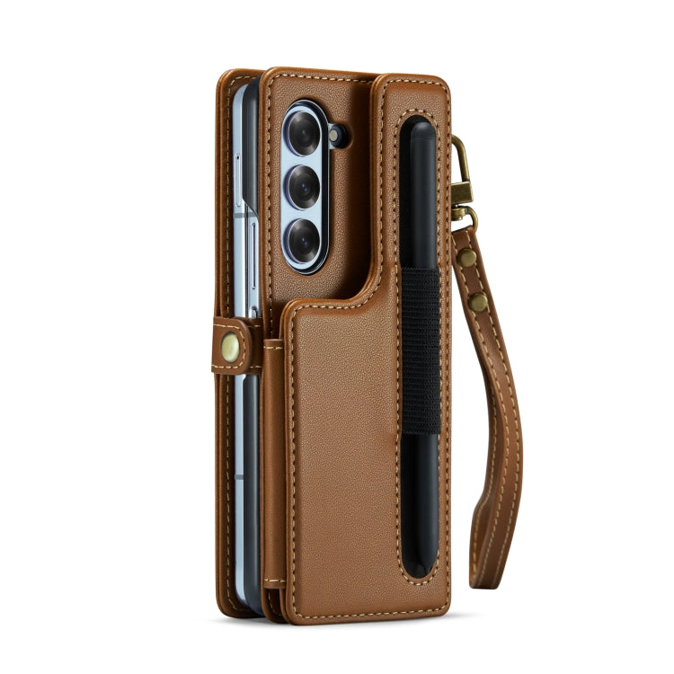 For Samsung Galaxy Z Fold6 5G CaseMe C22 PC+TPU Business Style RFID Anti-theft Lanyard Leather Phone Case with Pen Slot