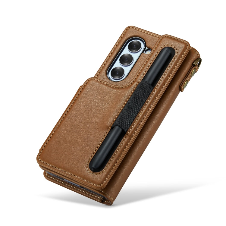 For Samsung Galaxy Z Fold6 5G CaseMe C22 PC+TPU Business Style RFID Anti-theft Lanyard Leather Phone Case with Pen Slot