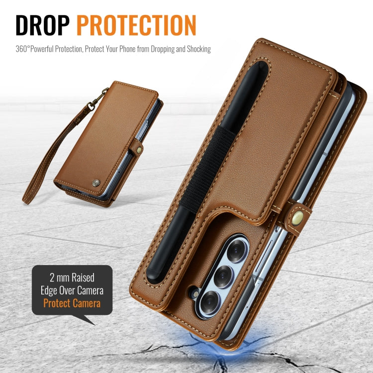For Samsung Galaxy Z Fold6 5G CaseMe C22 PC+TPU Business Style RFID Anti-theft Lanyard Leather Phone Case with Pen Slot