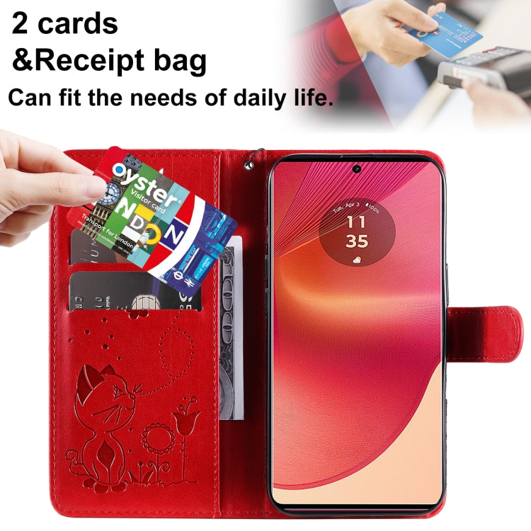 For Motorola Edge 50 Fusion Cat and Bee Embossed Flip Leather Phone Case
