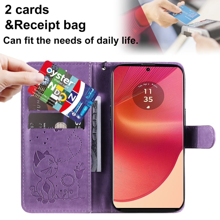 For Motorola Edge 50 Fusion Cat and Bee Embossed Flip Leather Phone Case