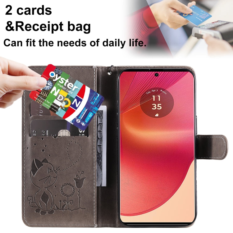 For Motorola Edge 50 Fusion Cat and Bee Embossed Flip Leather Phone Case