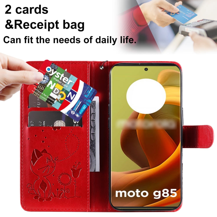 For Motorola Moto G85 Cat and Bee Embossed Flip Leather Phone Case