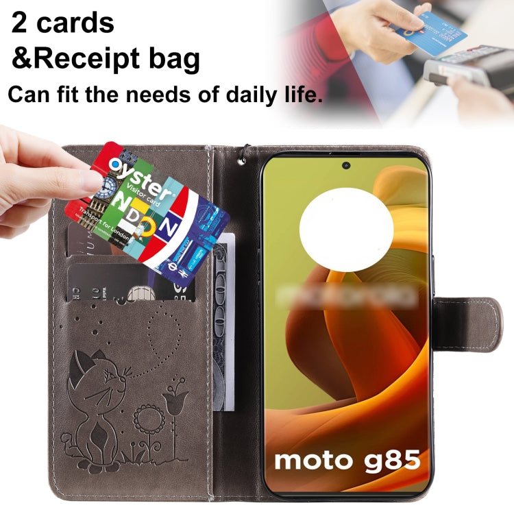 For Motorola Moto G85 Cat and Bee Embossed Flip Leather Phone Case