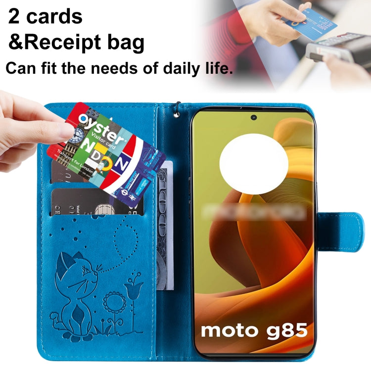 For Motorola Moto G85 Cat and Bee Embossed Flip Leather Phone Case