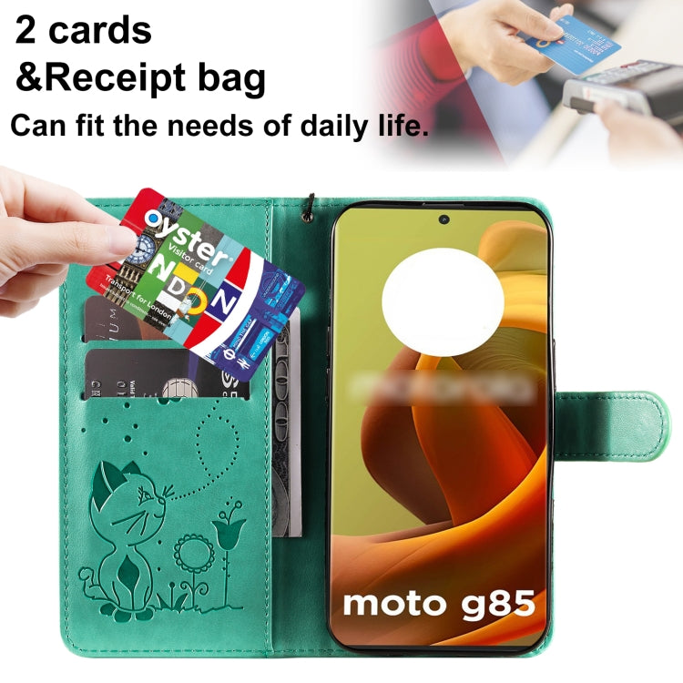 For Motorola Moto G85 Cat and Bee Embossed Flip Leather Phone Case