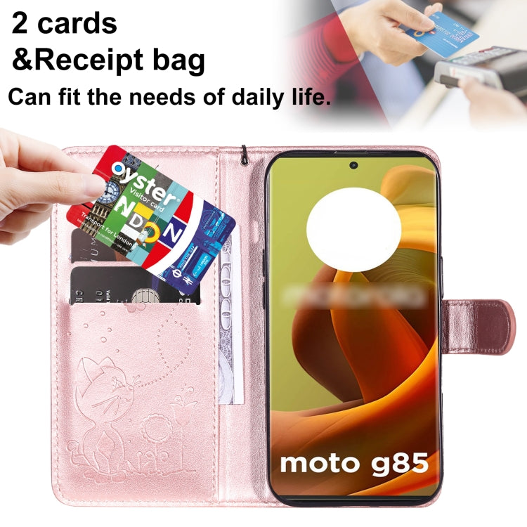 For Motorola Moto G85 Cat and Bee Embossed Flip Leather Phone Case