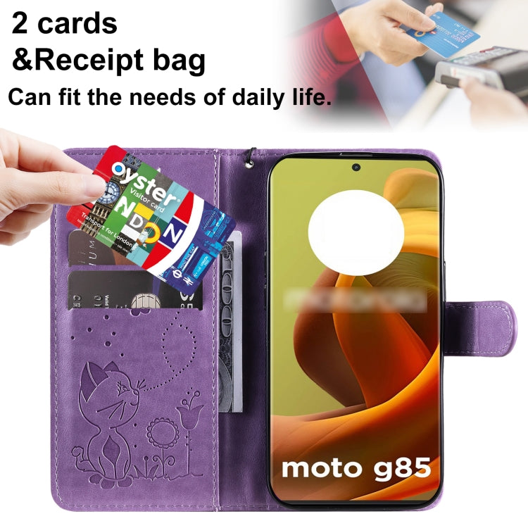 For Motorola Moto G85 Cat and Bee Embossed Flip Leather Phone Case