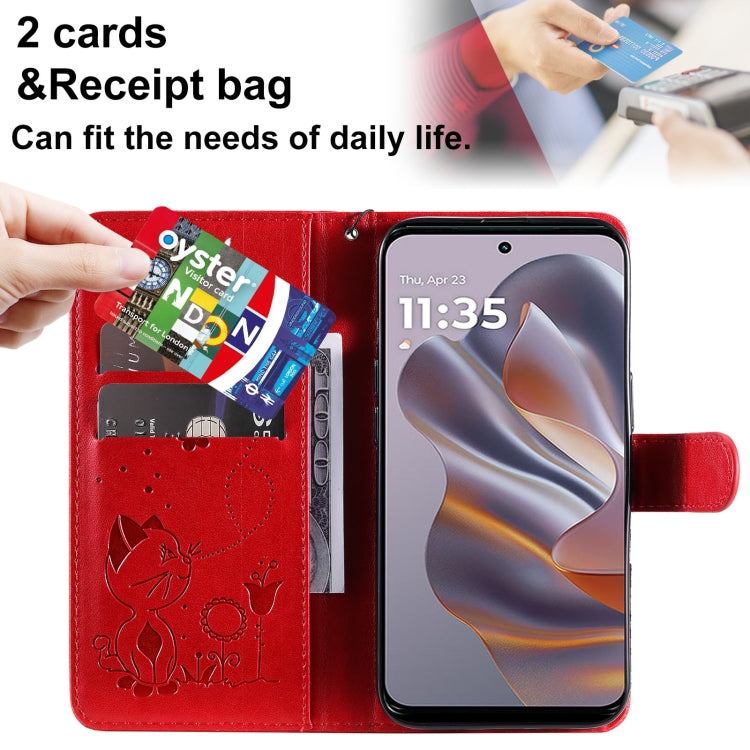 For Motorola Edge 50 Neo Cat and Bee Embossed Flip Leather Phone Case