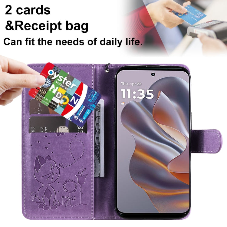 For Motorola Edge 50 Neo Cat and Bee Embossed Flip Leather Phone Case