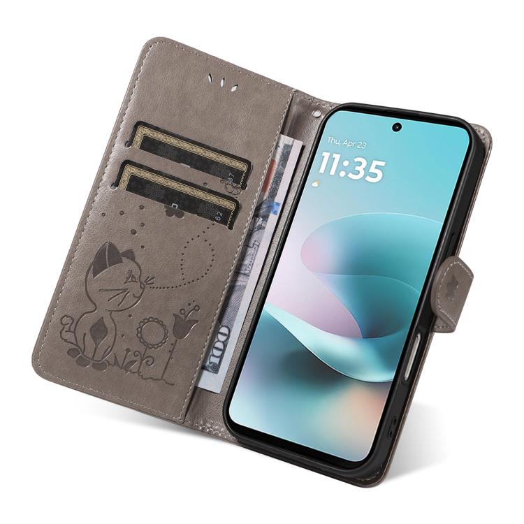 For Motorola Moto G67 Power 5G Cat and Bee Embossed Flip Leather Phone Case