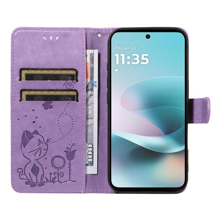 For Motorola Moto G67 Power 5G Cat and Bee Embossed Flip Leather Phone Case