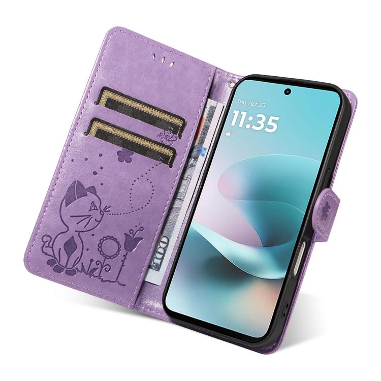 For Motorola Moto G67 Power 5G Cat and Bee Embossed Flip Leather Phone Case