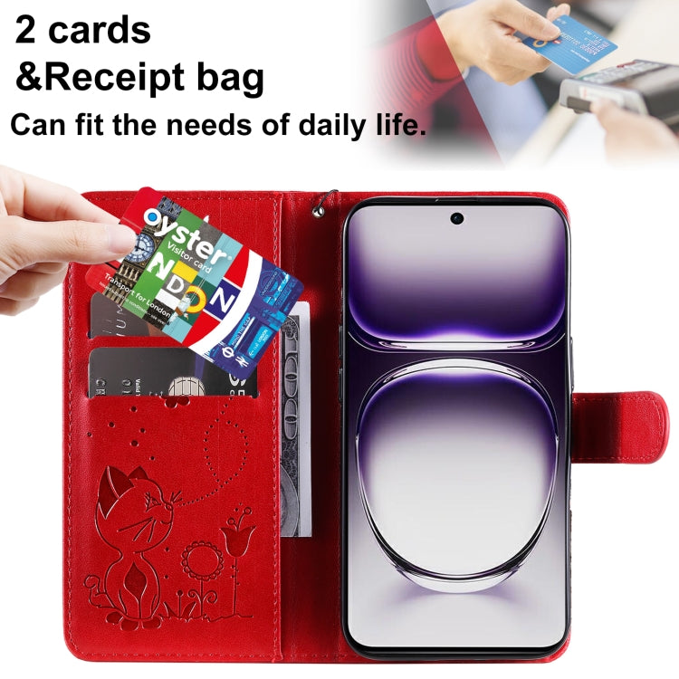 For OPPO Reno12 5G Global Cat and Bee Embossed Flip Leather Phone Case