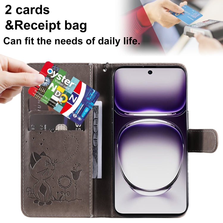 For OPPO Reno12 5G Global Cat and Bee Embossed Flip Leather Phone Case