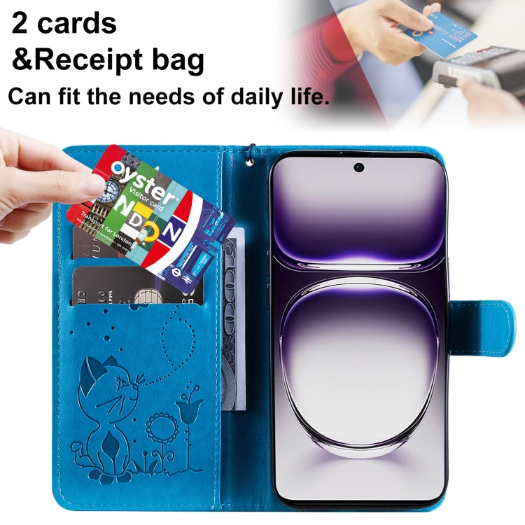 For OPPO Reno12 5G Global Cat and Bee Embossed Flip Leather Phone Case
