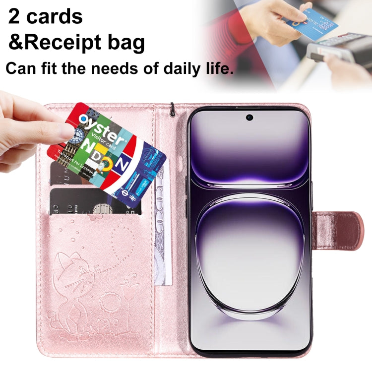 For OPPO Reno12 5G Global Cat and Bee Embossed Flip Leather Phone Case