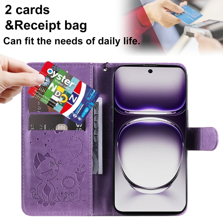 For OPPO Reno12 5G Global Cat and Bee Embossed Flip Leather Phone Case