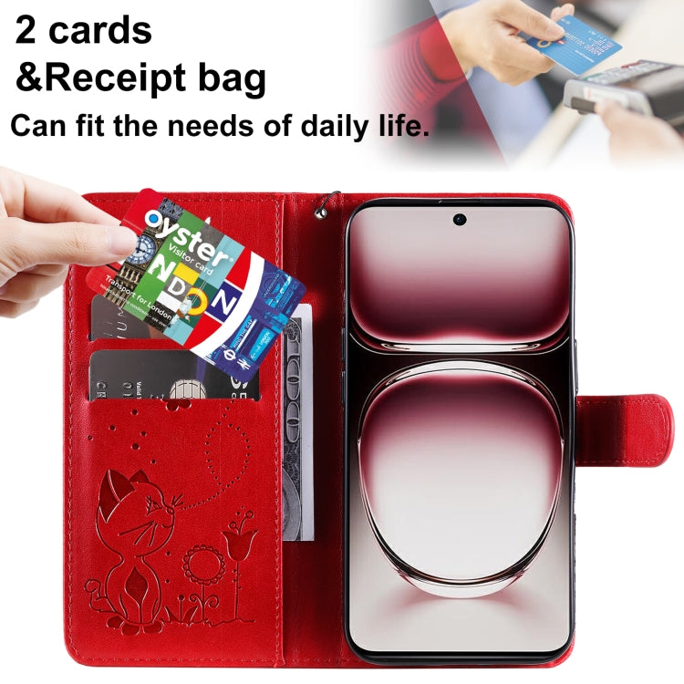 For OPPO Reno12 Pro 5G Global Cat and Bee Embossed Flip Leather Phone Case
