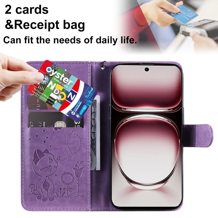 For OPPO Reno12 Pro 5G Global Cat and Bee Embossed Flip Leather Phone Case
