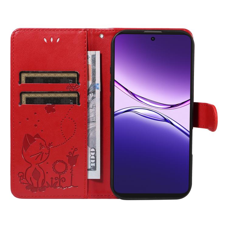 For OPPO A5 Pro 5G Global Cat and Bee Embossed Flip Leather Phone Case