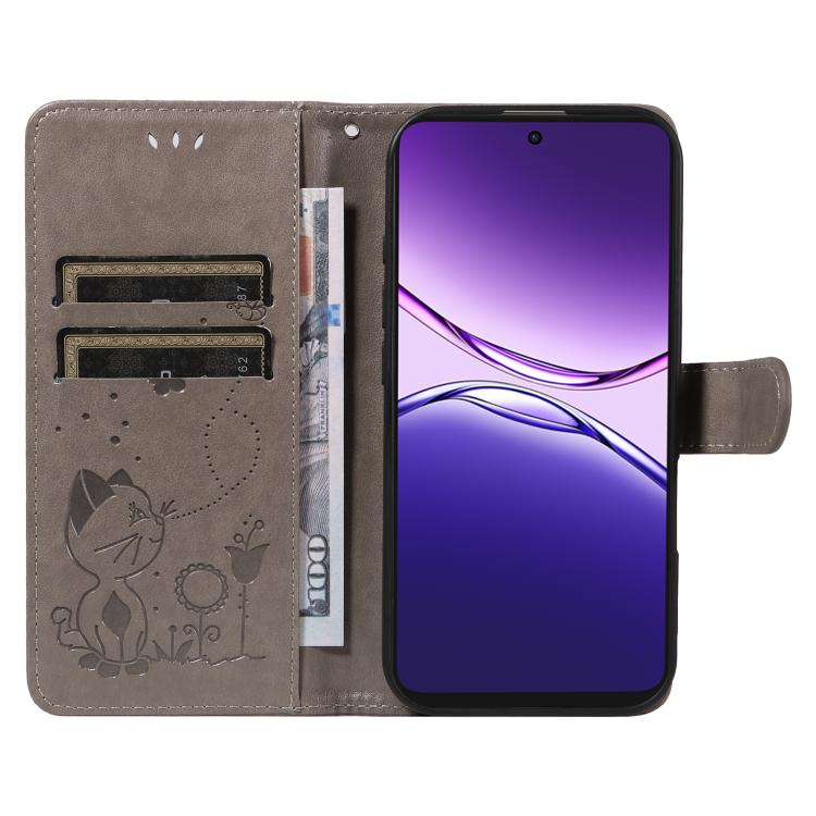 For OPPO A5 Pro 5G Global Cat and Bee Embossed Flip Leather Phone Case