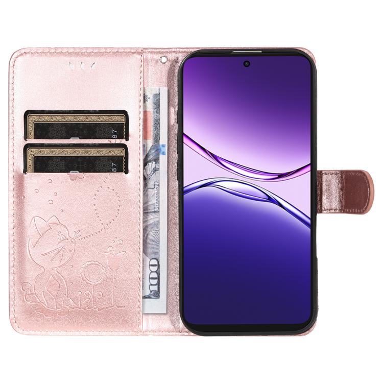 For OPPO A5 Pro 5G Global Cat and Bee Embossed Flip Leather Phone Case