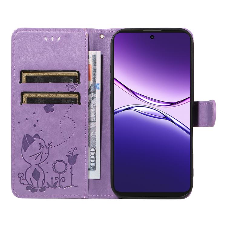 For OPPO A5 Pro 5G Global Cat and Bee Embossed Flip Leather Phone Case