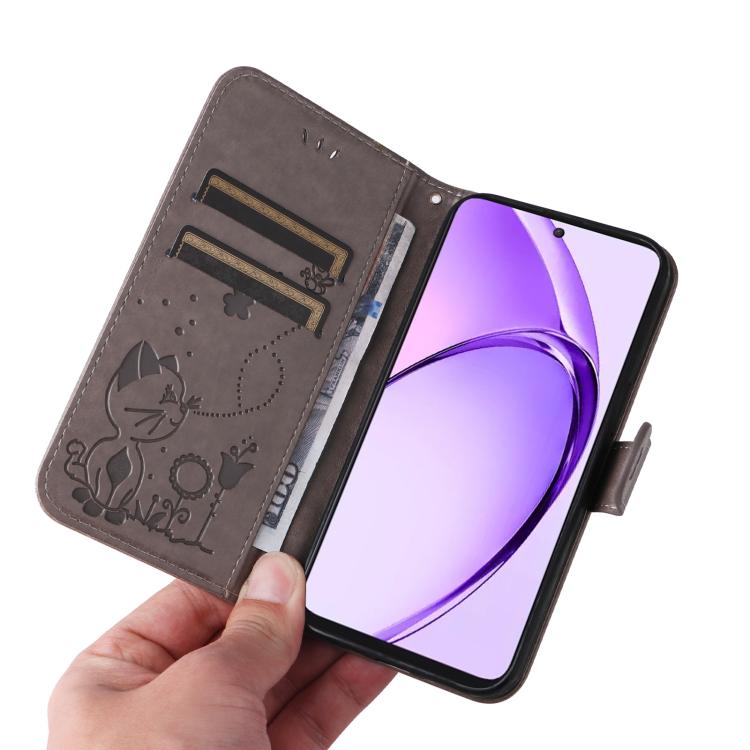 For OPPO K12X 5G Global Cat and Bee Embossed Flip Leather Phone Case