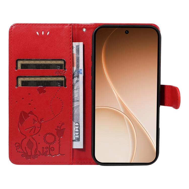 For OPPO Reno15 5G Global Cat and Bee Embossed Flip Leather Phone Case