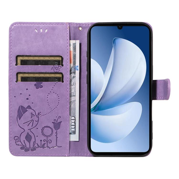 For Realme C71 4G India Cat and Bee Embossed Flip Leather Phone Case