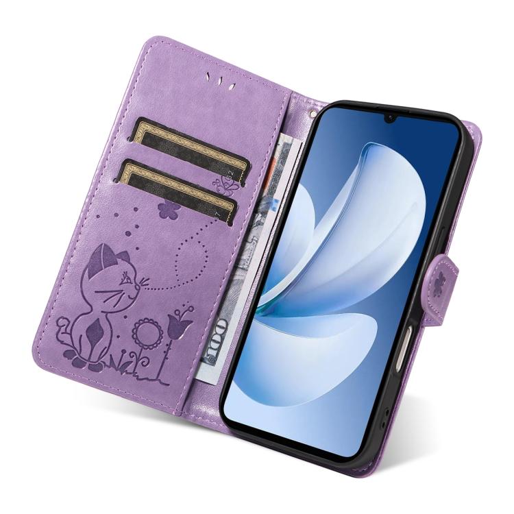 For Realme C71 4G India Cat and Bee Embossed Flip Leather Phone Case