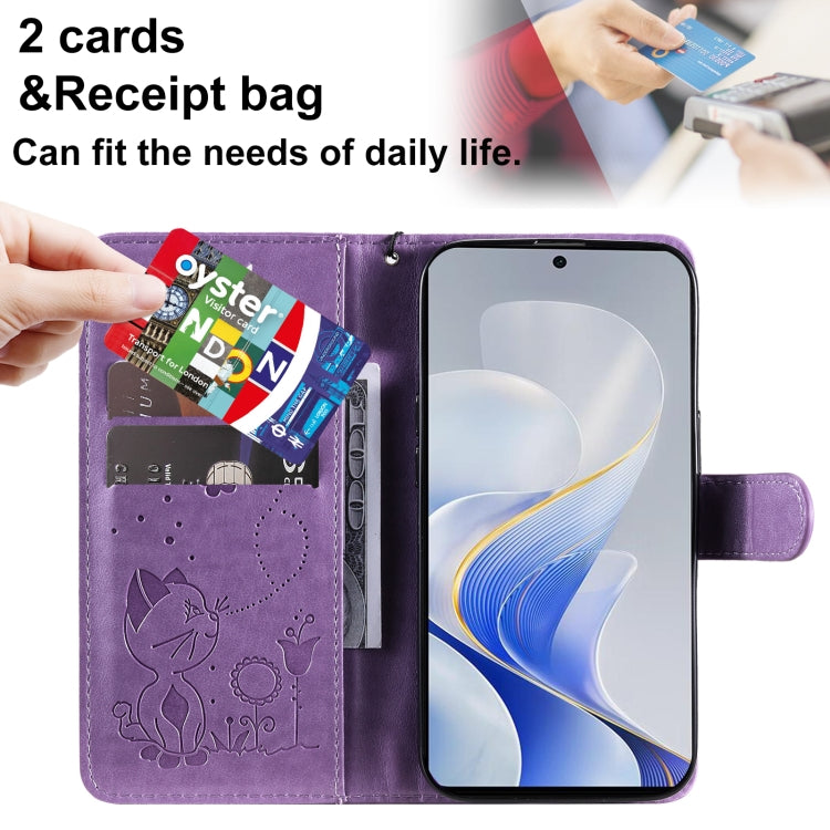 For vivo V40 5G Cat and Bee Embossed Flip Leather Phone Case