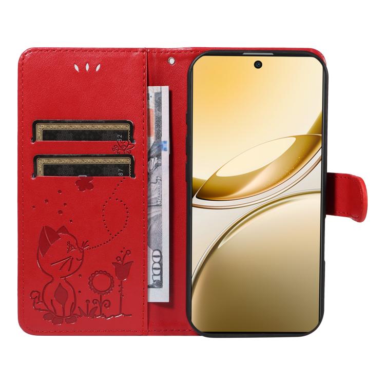 For vivo V50 5G Global Cat and Bee Embossed Flip Leather Phone Case