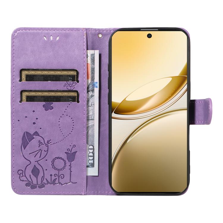 For vivo V50 5G Global Cat and Bee Embossed Flip Leather Phone Case