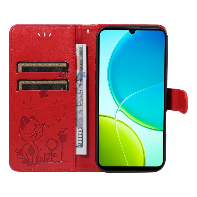 For vivo Y29S 5G / Y04 Cat and Bee Embossed Flip Leather Phone Case