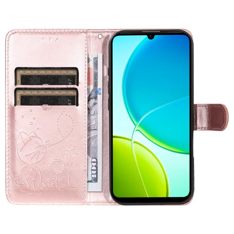 For vivo Y29S 5G / Y04 Cat and Bee Embossed Flip Leather Phone Case