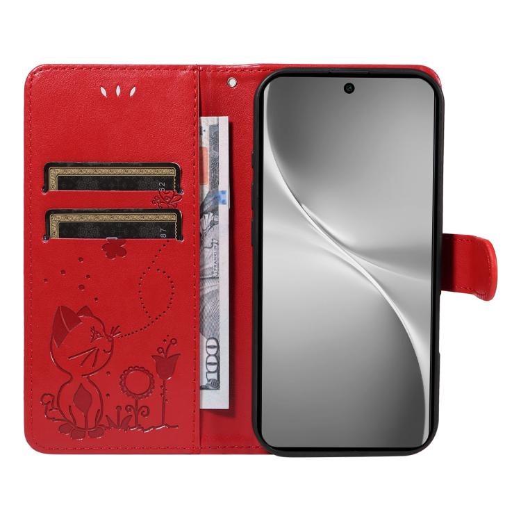 For vivo V60 5G Cat and Bee Embossed Flip Leather Phone Case