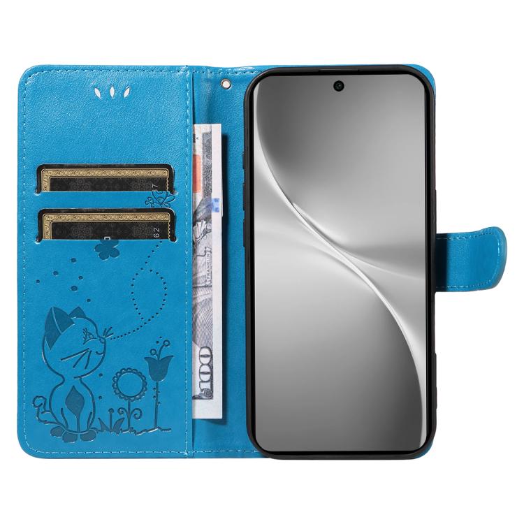For vivo V60 5G Cat and Bee Embossed Flip Leather Phone Case